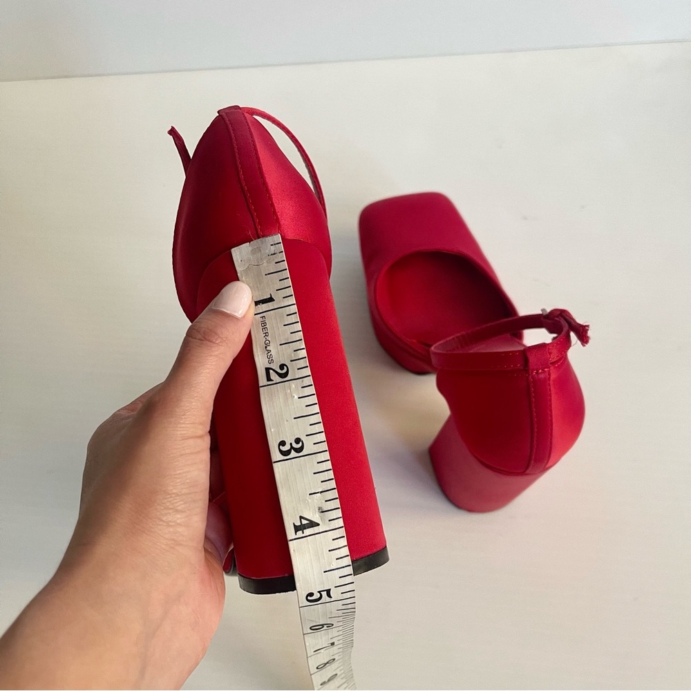 Zara Satin Red Platform Pump Square Toe Heels - Picture 11 of 12